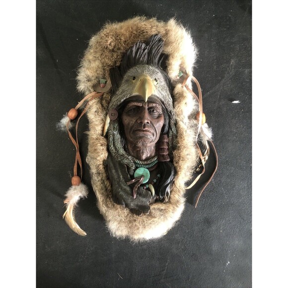 Vintage South Western Eagle Head Plaque Wall Decor Fur And Feather 12" X 6” - Picture 1 of 1